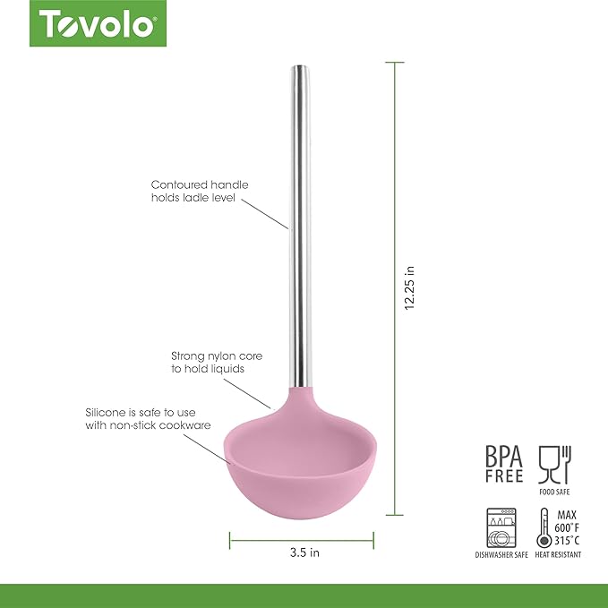 Tovolo Silicone Ladle with Stainless Steel Handle Pink Sorbet Soup Ladle Large, Dishwasher Safe Heat Resistant BPA Silicone Ladle Deep Spoon with Reinforced Nylon Core for Soup, Stew, Sauce & Punch - Image 4