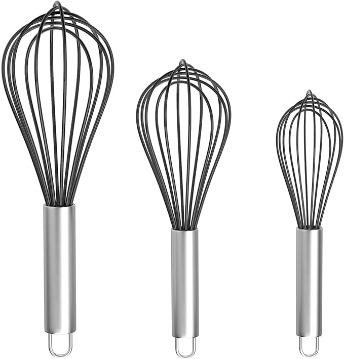 Silicone Whisk, Stainless Steel Wire Whisk Set - 3 PCS Rubber Whisks for Cooking, Non-stick Cookware, Kitchen, Balloon Egg Beater Perfect for Blending, Whisking, Black by Kitchen+Cooking+Kit