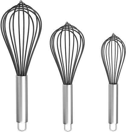 Silicone Whisk, Stainless Steel Wire Whisk Set - 3 PCS Rubber Whisks for Cooking, Non-stick Cookware, Kitchen, Balloon Egg Beater Perfect for Blending, Whisking, Black by Kitchen+Cooking+Kit