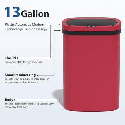 13 Gallon/50 L Kitchen Trash Can with Lid, Garbage Can with Touch-Free Lid, Cute Automatic Trash Can Bathroom Trash Bin, Motion Sensor Waterproof Trash Bin