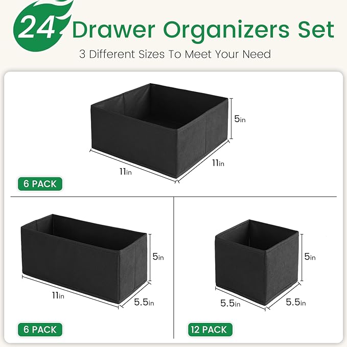 Criusia Drawer Organizer Clothes, 24 Pack Underwear Drawer Organizers, Foldable Closet Organizers and Storage Dresser Drawer Dividers Clothing Organizer for Clothes, Socks, Scarves, Bra, Ties (Black) - Image 3