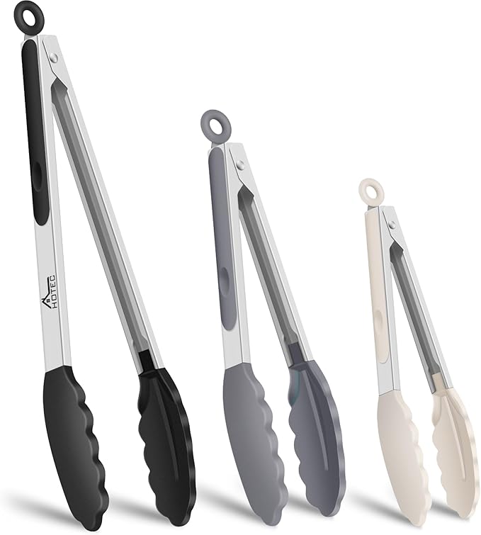HOTEC Premium Stainless Steel Locking Kitchen Tongs with Silicon Tips, Set of 3-7", 9" and 12", Black, Grey, White by Hotec