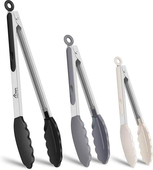 HOTEC Premium Stainless Steel Locking Kitchen Tongs with Silicon Tips, Set of 3-7", 9" and 12", Black, Grey, White by Hotec