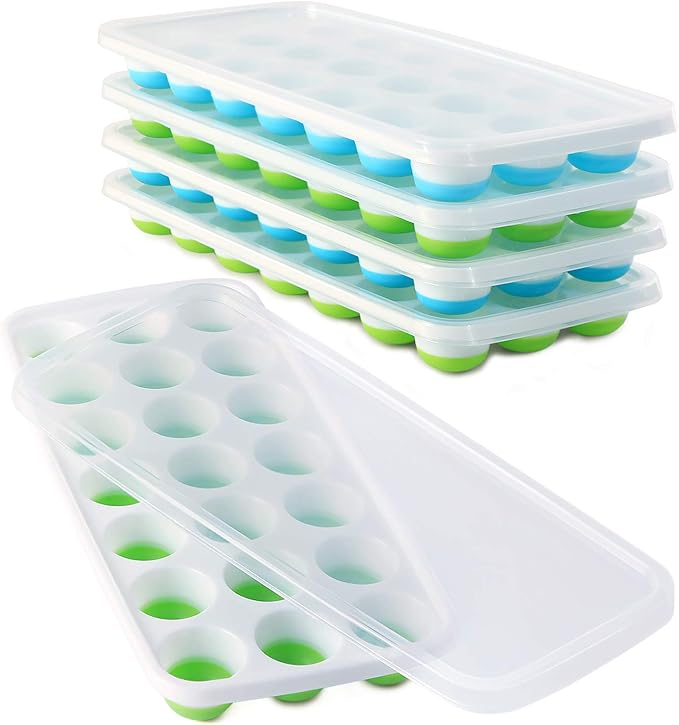 Ice Cube Trays with Lids BPA Free, 4 Pack Easy Release Silicone Ice Cube Trays for Freezer 84 Sphere Ice Tray with Stackable No Spill Lids, Dishwasher Safe, Blue & Green by Select4U