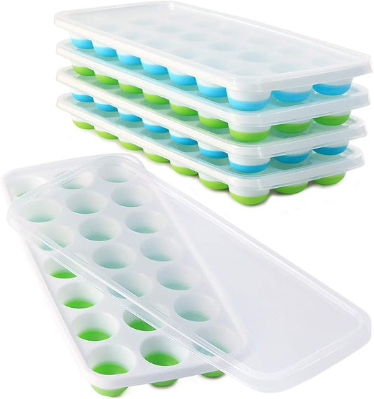 Ice Cube Trays with Lids BPA Free, 4 Pack Easy Release Silicone Ice Cube Trays for Freezer 84 Sphere Ice Tray with Stackable No Spill Lids, Dishwasher Safe, Blue & Green by Select4U