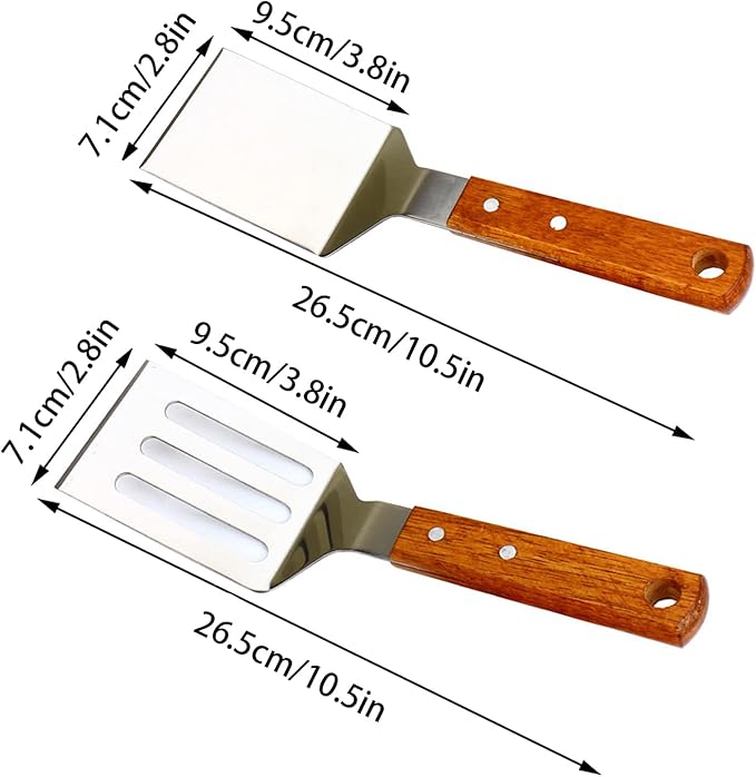 KLAQQED 2 PCS Metal Spatula for Cast Iron Skillet, Stainless Steel Grill Spatula Slotted Turner Fish with Wood Handle Flat Top Griddle for Cooking BBQ