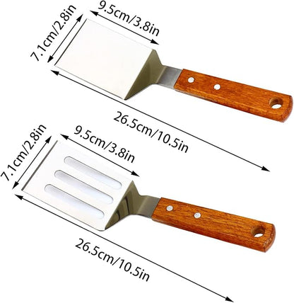 KLAQQED 2 PCS Metal Spatula for Cast Iron Skillet, Stainless Steel Grill Spatula Slotted Turner Fish with Wood Handle Flat Top Griddle for Cooking BBQ