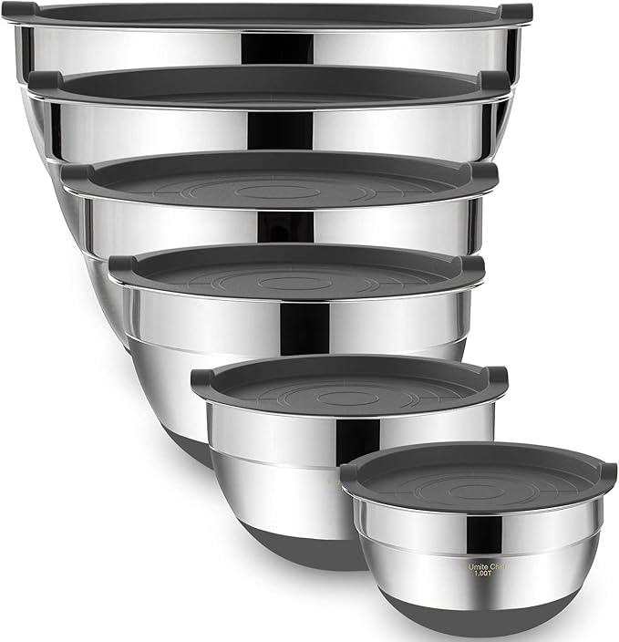 Umite Chef Mixing Bowls with Airtight Lids，6 piece Stainless Steel Metal Nesting Storage Bowls, Non-Slip Bottoms Size 7, 3.5, 2.5, 2.0,1.5, 1QT, Great for Mixing & Serving(Grey) by UmiteChef