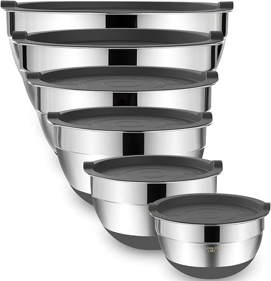 Umite Chef Mixing Bowls with Airtight Lids，6 piece Stainless Steel Metal Nesting Storage Bowls, Non-Slip Bottoms Size 7, 3.5, 2.5, 2.0,1.5, 1QT, Great for Mixing & Serving(Grey) by UmiteChef