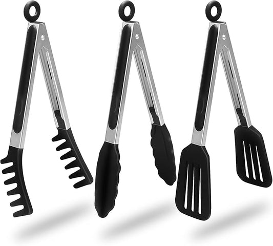 HST Tongs for Cooking with Silicone Tips(3 Pack), Non Stick Kitchen Tongs with Silicone Tip for Cooking BBQ Baking (9", Black) by HST