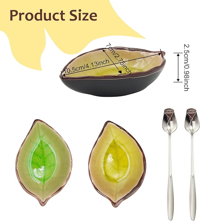 2 Pack Coffee Spoon and Leaf Rest Set, Ice Cracks Leaf Ladle Holder, Tea Spoon Rest for Kitchen Counter, Dining Table, Coffee Bar Teaspoon Rest with Spoon (Bright yellow and Grass green) - Image 2