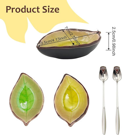 2 Pack Coffee Spoon and Leaf Rest Set, Ice Cracks Leaf Ladle Holder, Tea Spoon Rest for Kitchen Counter, Dining Table, Coffee Bar Teaspoon Rest with Spoon (Bright yellow and Grass green) - Image 2