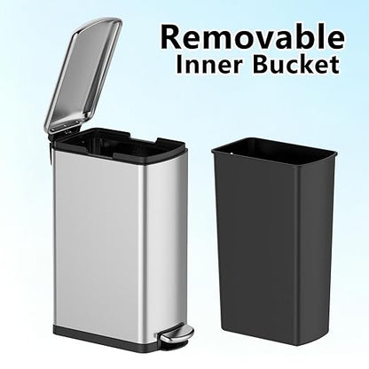 Garvee Slim Kitchen Trash Can 8 Gal, Skinny Stainless Steel Garbage Can with Removable Inner Bucket & Soft Close Lid, Narrow Trash Bin for Bathroom Living Room Office, Silver