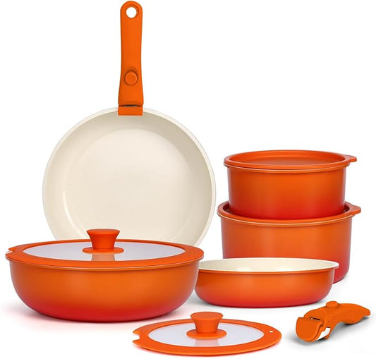 GIPP 11pcs Pots and Pans Set Non Stick, Nonstick Cookware Set Detachable Handle, Ceramic Pots for Cooking Non Stick with Removable Handle, RV Cookware Set for All Stoves, Orange Gradient