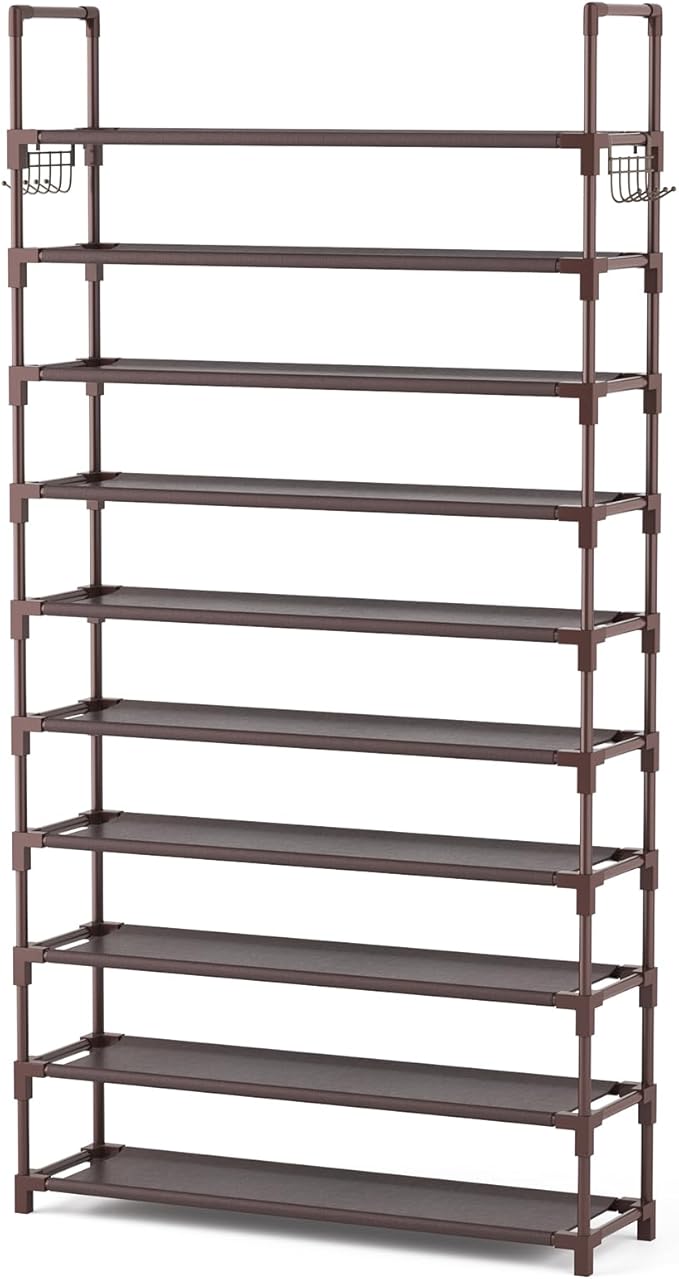 VTRIN 10 Tiers Shoe Rack Tall Large Capacity Wide Shoe Organizer Sturdy Shoe Shelf for Entryway with Two Hooks Metal Shoe Storage for Closet, Bedroom, Brown - Image 8