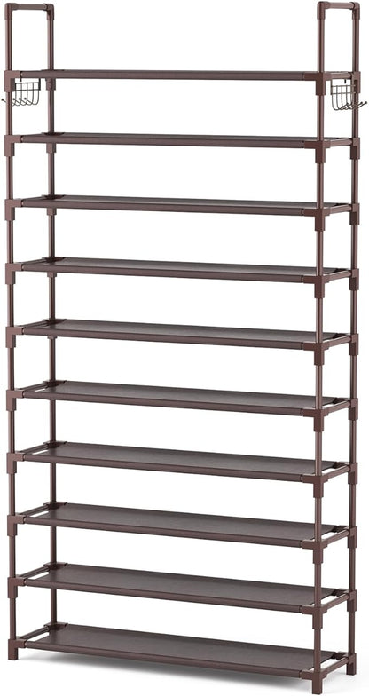 VTRIN 10 Tiers Shoe Rack Tall Large Capacity Wide Shoe Organizer Sturdy Shoe Shelf for Entryway with Two Hooks Metal Shoe Storage for Closet, Bedroom, Brown - Image 8