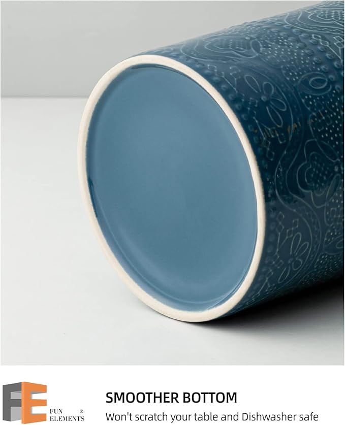 Fun Elements Kitchen Utensil Holder, 7.2" Super Large Utensil Crock Heavy and Stable Lace Emboss Ceramic Utensil Holder for Kitchen Counter (Grayish Blue) - Image 3