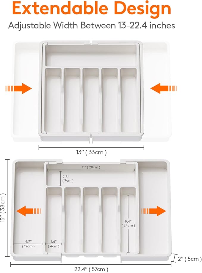 Lifewit Silverware Drawer Organizer, Expandable Utensil Tray for Kitchen, BPA Free Flatware and Cutlery Holder, Adjustable Plastic Storage for Spoons Forks Knives, 13-22 x 15", White - Image 3