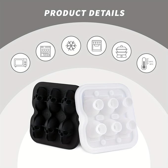 Skull Ice Cube Mold, 6-Cavity Silicone Ice Tray for Whiskey, Cocktails, and Beverages, Food-Grade Flexible Ice Maker for Halloween & Party Drinks, Easy Release & Dishwasher Safe