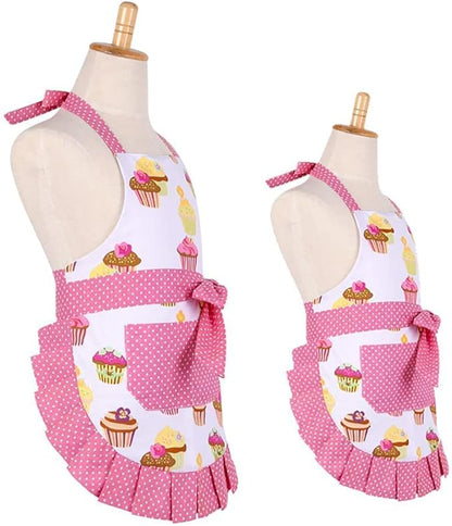 G2PLUS Apron for Women with Pockets, Extra Long Ties Cotton Apron Perfect for Kitchen Cooking, Baking and Gardening (Mama and Me Set)