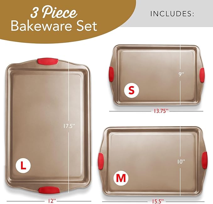 Baking Sheet Set, 3-Piece Cookie Sheet Set with Silicone Handles, Steel Baking Pans Set, Durable Baking Sheets for Oven, BPA Free Cookie Sheets for Baking Nonstick Set, Sheet Pan - Bronze Baking Pan - Image 2