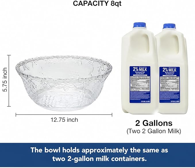 S.G Premium Quality 2 Gallon / 8 Quart Clear Plastic Punch Bowl - Embroidered Design with Elegant look Serving Bowl. (Punch Bowl Only)