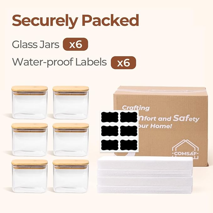 ComSaf 0.7 Qt Rectangle Glass Storage Containers with Lids, Glass Jars with Bamboo Lids, Clear Food Jar, Sugar Coffee Containers, Small Pantry Storage Container for Tea Candy Nuts Spices Oat - Image 8