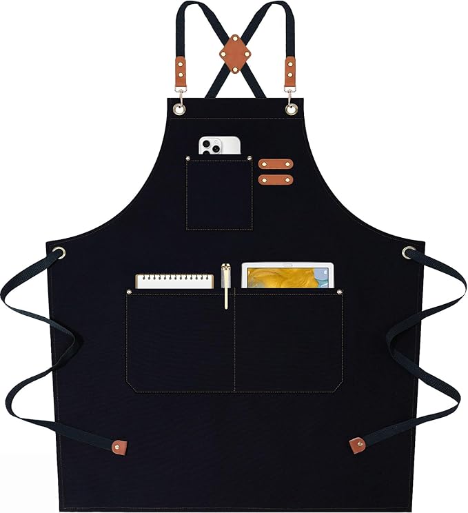 AFUN Chef Aprons for Women Men with Oversized Pockets, 12-Ounce Cotton Canvas Cross Back Water Repellent Apron (Black) by BringYouaFun
