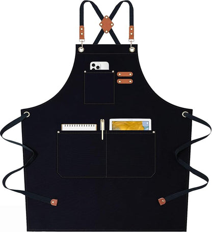 AFUN Chef Aprons for Women Men with Oversized Pockets, 12-Ounce Cotton Canvas Cross Back Water Repellent Apron (Black) by BringYouaFun