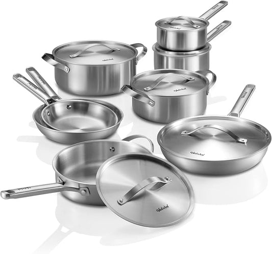 Stainless Steel Cookware Set, 14 Pcs Tir-Ply Pots and Pans Set, PFOA&PTFE Free, Dishwasher&Oven Safe, Kitchen Induction Compatible, ollas de acero inoxidable para cocinar by VEDNHOL