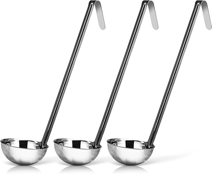 Whysko Soup Ladles Stainless Steel, 3-Pack of 6 oz. Metal Ladle Spoons, Rustproof Heat-Resistant Materials for Cooking and Serving Soups and Sauces, Commercial Grade Kitchen Essentials