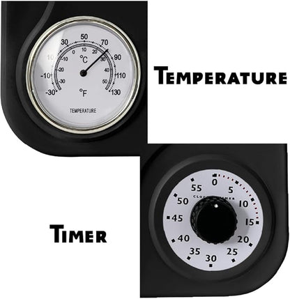 Lily's Home - 9.5 Inch x 12.5 Inch - Retro Kitchen Wall Clock, Vintage Wall Clock with a Thermometer and 60-Minute Timer, Ideal for Any Kitchen, Office, or Diner (Black)