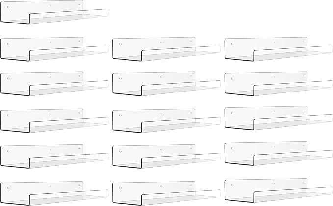 upsimples 16 Pack Acrylic Shelves for Wall Storage, 15" Floating Bookshelves for Kids, Display Shelf Organizer for Bathroom, Bedroom, Living Room, Kitchen, Room Decor, Clear by upsimples
