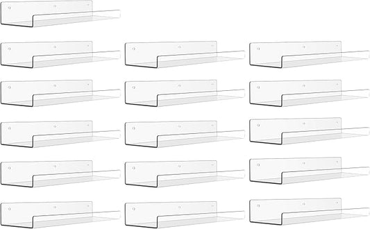 upsimples 16 Pack Acrylic Shelves for Wall Storage, 15" Floating Bookshelves for Kids, Display Shelf Organizer for Bathroom, Bedroom, Living Room, Kitchen, Room Decor, Clear by upsimples