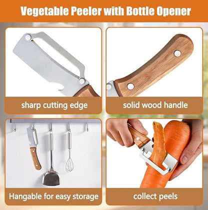Multifunctional Vegetable Peeler, 2-in-1 Peelers For Kitchen with Bottle Opener, Sharp Stainless Steel Swivel Blade, Wooden Handle, For Vegetables or Fruits that Need to Be Peeled (2)2PCS