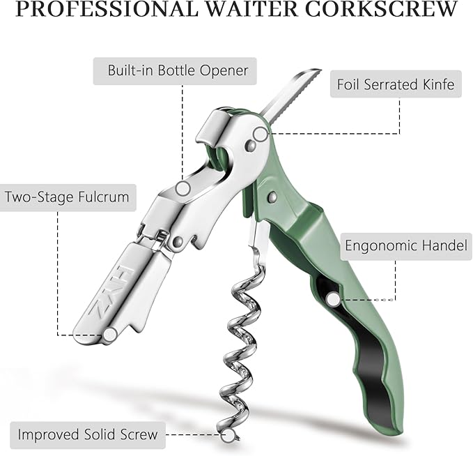HYZ 2-Pack Wine Opener Waiter Corkscrew, Professional Wine Key for Servers, Bartender with Foil Cutter, Manual Wine Bottle Opener Double Hinged (Army Green) - Image 2