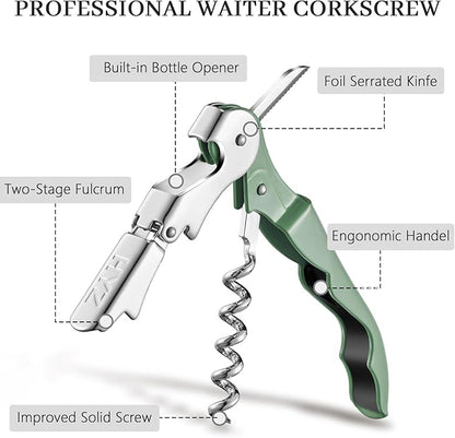 HYZ 2-Pack Wine Opener Waiter Corkscrew, Professional Wine Key for Servers, Bartender with Foil Cutter, Manual Wine Bottle Opener Double Hinged (Army Green) - Image 2
