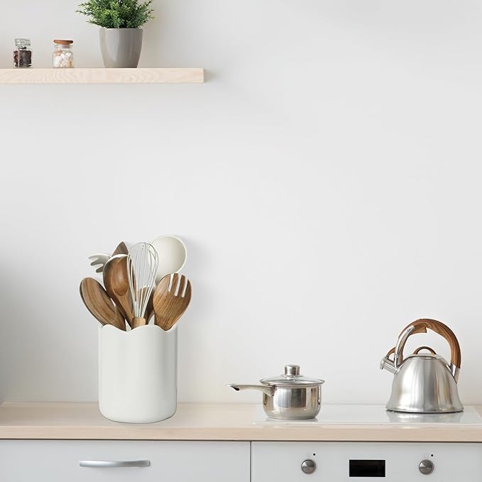 Ceramic Utensil Holder for Kitchen Counter, 6.2" Large Kitchen Utensil Holder for Countertop with Cork Bottom, Cooking Tool Organizer for Spatula, Matte White - Image 3