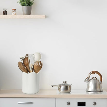 Ceramic Utensil Holder for Kitchen Counter, 6.2" Large Kitchen Utensil Holder for Countertop with Cork Bottom, Cooking Tool Organizer for Spatula, Matte White - Image 3