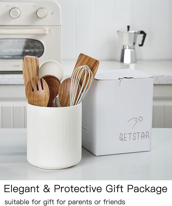 getstar Large Kitchen Utensil Holder, 7.2" Vintage Ceramic Utensils Crocks for Kitchen Counter with Non-Slip Cork Mat, Farmhouse Cooking Tool Organizer for Kitchen Counter Decor - Image 6