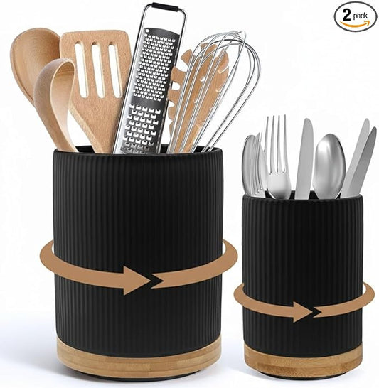 2 Pack Ceramic Utensil Holder, 7.3"+5.4" Large kitchen utensils holder for Countertop, 360° Rotating Cooking Utensil Crock for Kitchen Counter with Detachable Wooden Base, Kitchen Decor- Black by NURTUREKNOTS
