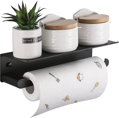 Paper Towel Holder Wall Mount for Kitchen, Self-Adhesive Paper Towel Holder with Shelf for Bathroom, Anti-Rust Aluminum, No Drill or Wall-Mounted with Screws (Black)