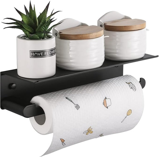 Paper Towel Holder Wall Mount for Kitchen, Self-Adhesive Paper Towel Holder with Shelf for Bathroom, Anti-Rust Aluminum, No Drill or Wall-Mounted with Screws (Black)