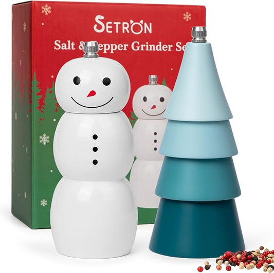 Christmas Salt and Pepper Grinder Set, Snowman & Tree Refillable Salt and Pepper Mills with Adjustable Ceramic Core, Wooden Manual Salt and Pepper Shakers for Kitchen,Gift, Christmas Decor by Setron