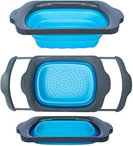 Comfify XL Large Kitchen Strainer - Collapsible Silicone Over - The-Sink Colander with Extendable Handles - Use with Pasta, Fruit, Berries & Veggie - 6 Quart - Blue