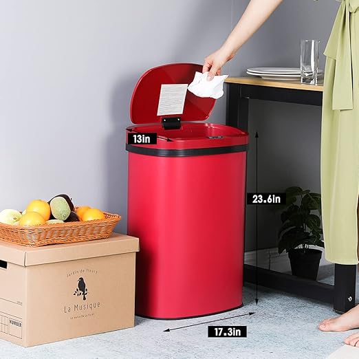13 Gallon 50 Liter Garbage Can Kitchen Trash Can with Lid Automatic Sensor Touch Free Stainless Steel Waste Bin for Bathroom Bedroom Home Office,Red - Image 7