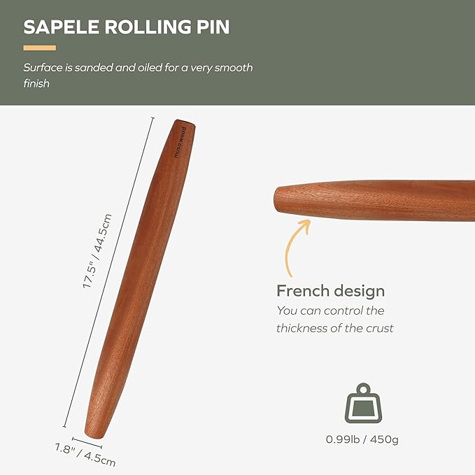 Muso Wood Sapele Wooden French Rolling Pin for Baking, Tapered Roller for Fondant, Pie Crust, Cookie, Pastry (French 17.5inch) - Image 2
