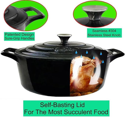 La Cuisine Enameled Cast Iron Oval Dutch Oven Casserole 6.75 QT 33x25x16cm Matt Black Enamel Coating Interior, Glossy Black Exterior, Oven Safe, Induction Cooktop Compatible