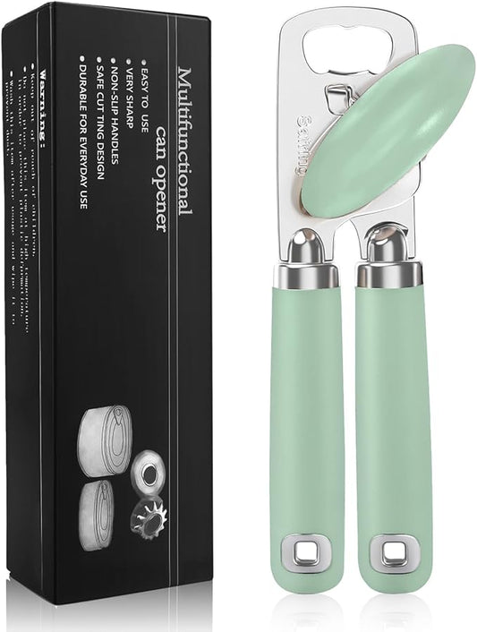 Safring Can Opener Manual, Heavy Duty Stainless Steel Smooth Edge Can Opener With Soft Touch Handle, Oversized Handheld Easy Turn Knob, Multi-Function Bottle Opener, Mint