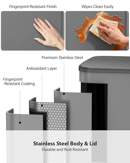 Lovewind Double Trash Can Kitchen, 13+5.5 Gallon Stainless Steel Dual Trash and Recycle Bin Combo with Silent Close Lid, Heavy-Duty Foot Pedal, Easy to Clean Garbage Can for Large Families, Grey